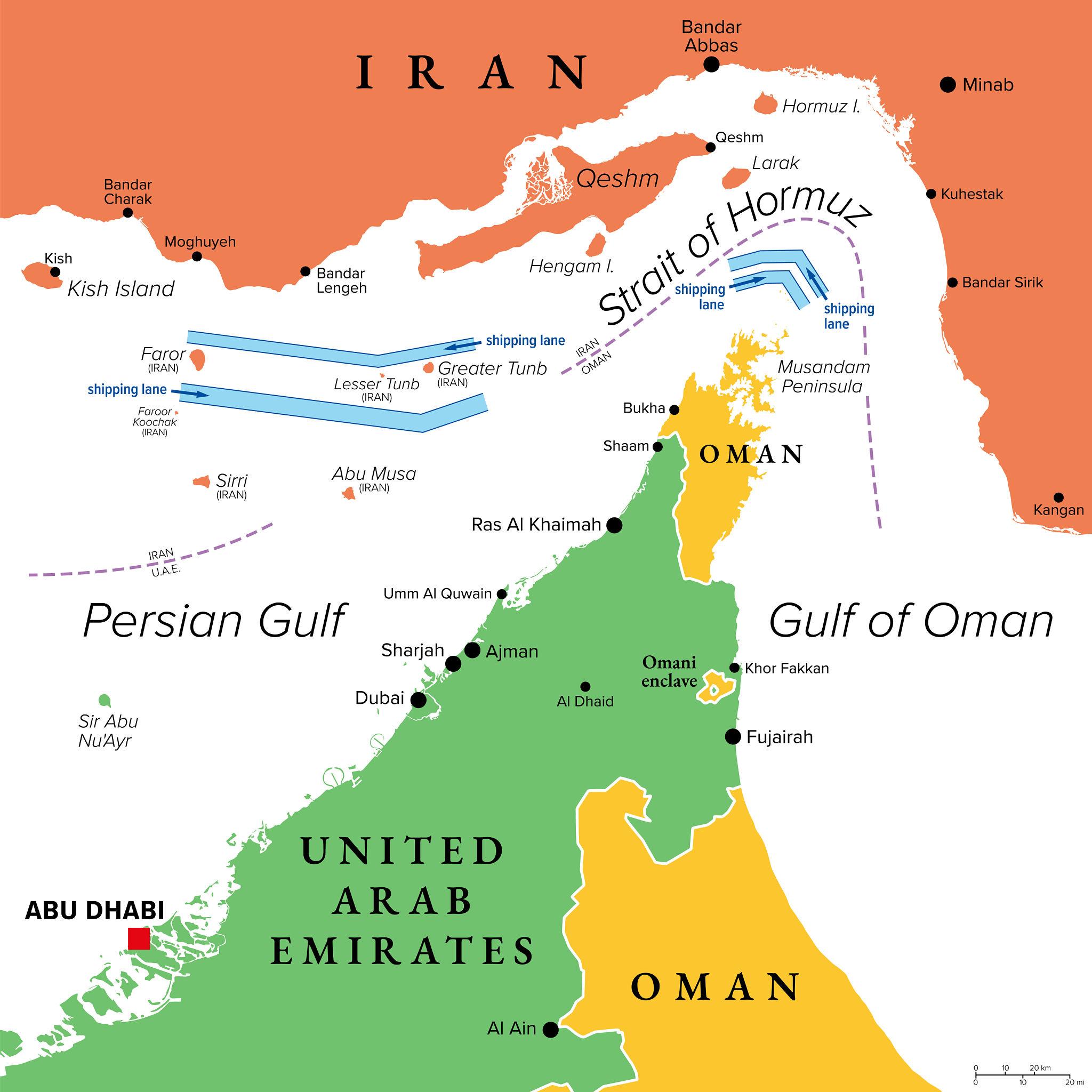 Strait of Hormuz map showing Iran, Oman, Persian Gulf and shipping lanes — HormuzMonitor.com
